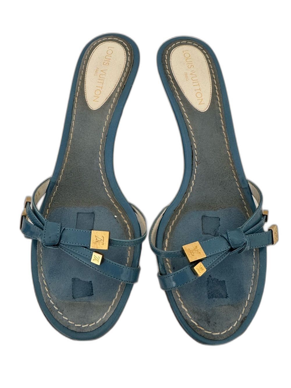 Louis Vuitton Vintage Blue Patent Leather Kitten Heels Open Toe Sandals Shoes